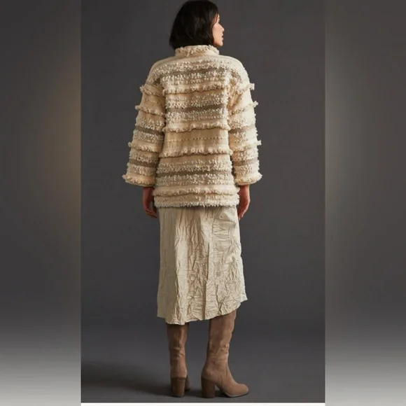 Anthropologie Dolan Cream Textured metallic fringed Jacket, sz L, - Picture 5 of 12